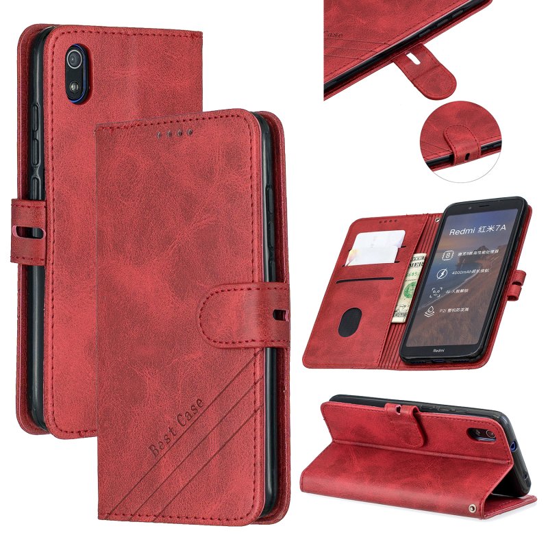For Redmi 7A Denim Pattern Solid Color Flip Wallet PU Leather Protective Phone Case with Buckle & Bracket red