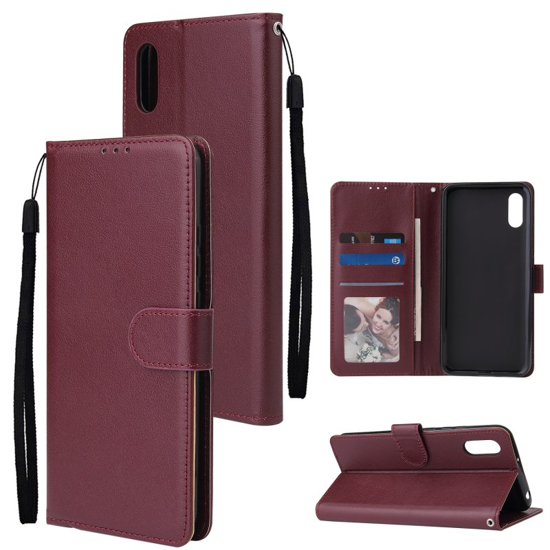 For Redmi 9A/Redmi 9C PU Leather Mobile Phone Cover with 3 Cards Slots Phone Frame Red wine