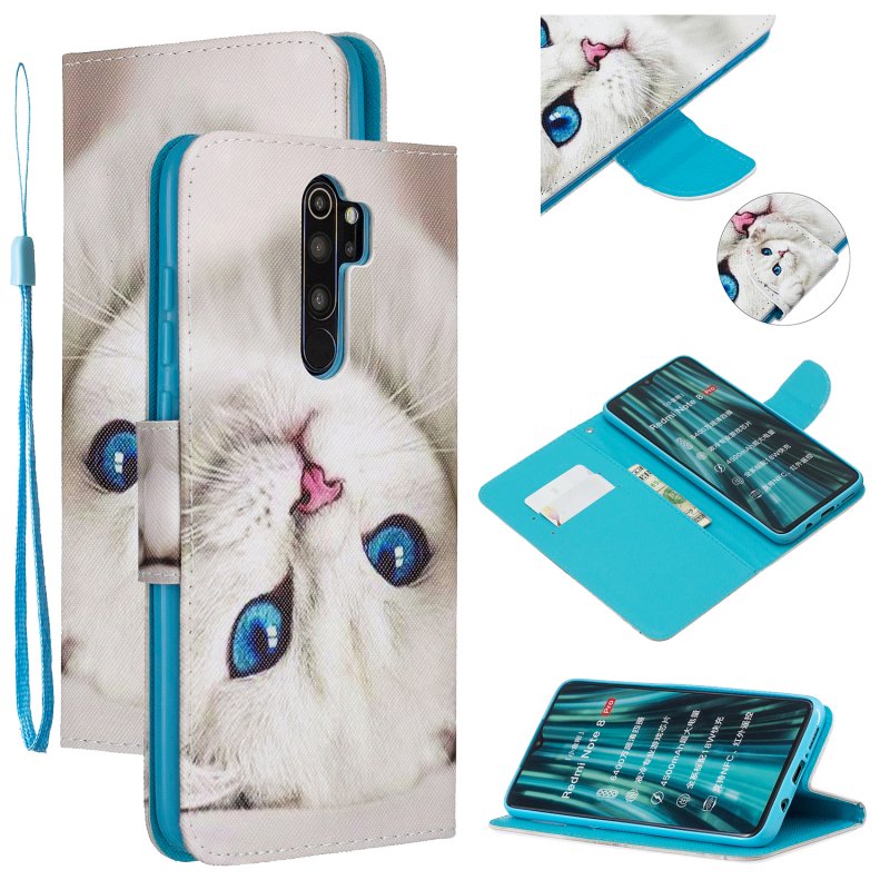 For Redmi Note 8/8 Pro Cellphone Cover Stand Function Wallet Design PU Leather Smartphone Shell Elegant Pattern Printed  Blue eyes cat