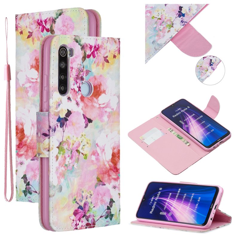 For Redmi Note 8/8 Pro Cellphone Cover Stand Function Wallet Design PU Leather Smartphone Shell Elegant Pattern Printed  Watercolor flower