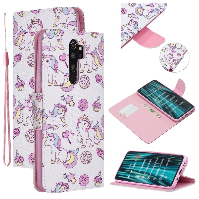 For Redmi Note 8/8 Pro Cellphone Cover Stand Function Wallet Design PU Leather Smartphone Shell Elegant Pattern Printed  Ice cream unicorn