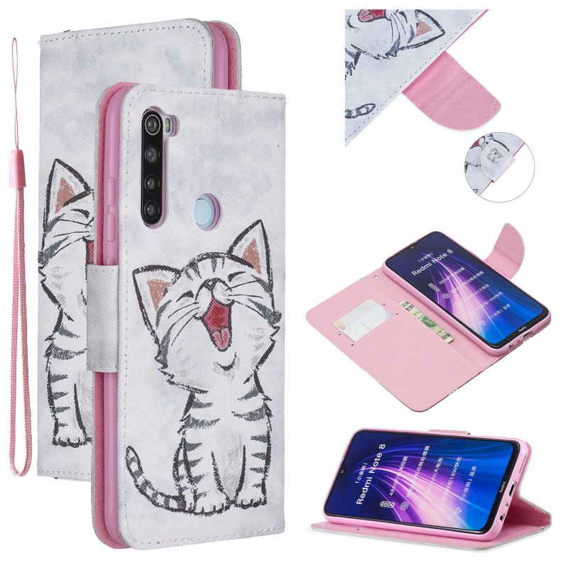 For Redmi Note 8/8 Pro Cellphone Cover Stand Function Wallet Design PU Leather Smartphone Shell Elegant Pattern Printed  Red lip cat