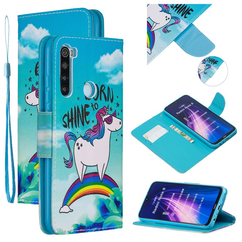 For Redmi Note 8/8 Pro Cellphone Cover Stand Function Wallet Design PU Leather Smartphone Shell Elegant Pattern Printed  Rainbow horse