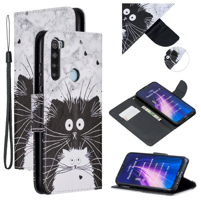 For Redmi Note 8/8 Pro Cellphone Cover Stand Function Wallet Design PU Leather Smartphone Shell Elegant Pattern Printed  Black white cat