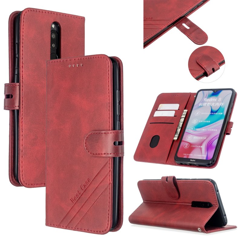 For Redmi Note 8T/Redmi 8/Redmi 8A Case Soft Leather Cover with Denim Texture Precise Cutouts Wallet Design Buckle Closure Smartphone Shell  red