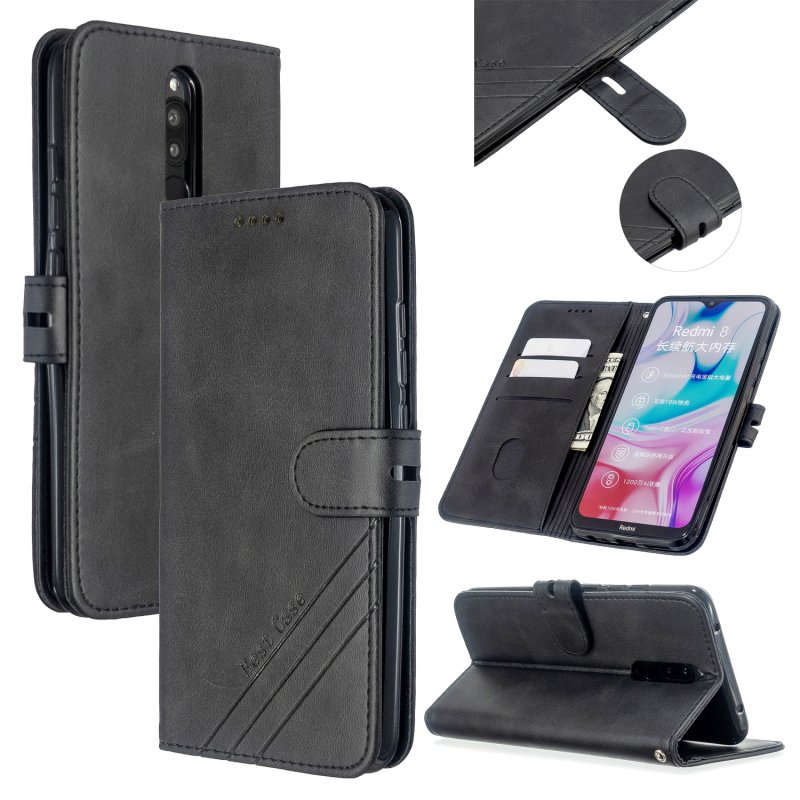 For Redmi Note 8T/Redmi 8/Redmi 8A Case Soft Leather Cover with Denim Texture Precise Cutouts Wallet Design Buckle Closure Smartphone Shell  black