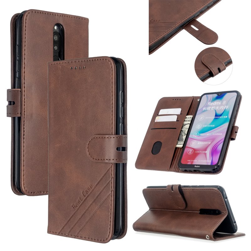 For Redmi Note 8T/Redmi 8/Redmi 8A Case Soft Leather Cover with Denim Texture Precise Cutouts Wallet Design Buckle Closure Smartphone Shell  brown