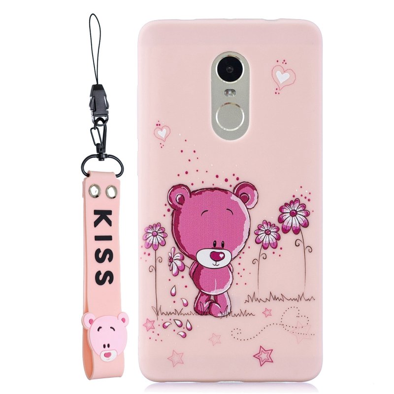 For Redmi note 4X/NOTE 4 Cartoon Lovely Coloured Painted Soft TPU Back Cover Non-slip Shockproof Full Protective Case with Lanyard Light pink