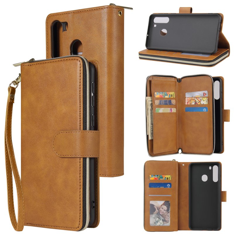 For Samsung A01/A21/A31/A41/A51 Pu Leather  Mobile Phone Cover Zipper Card Bag + Wrist Strap brown