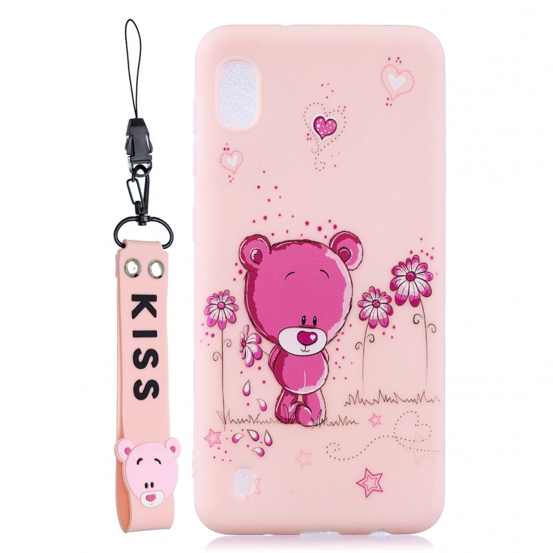 For Samsung A10 Cartoon Lovely Coloured Painted Soft TPU Back Cover Non-slip Shockproof Full Protective Case with Lanyard Light pink