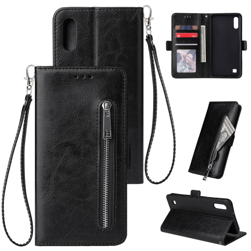 For Samsung A10 Solid Color PU Leather Zipper Wallet Double Buckle Protective Case with Stand & Lanyard black