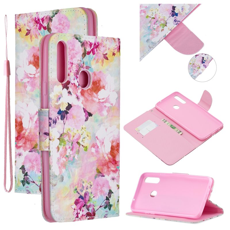 For Samsung A10S/A20S Smartphone Case PU Leather Phone Shell Lovely Cartoon Pattern Card Slots Overall Protection Watercolor flower