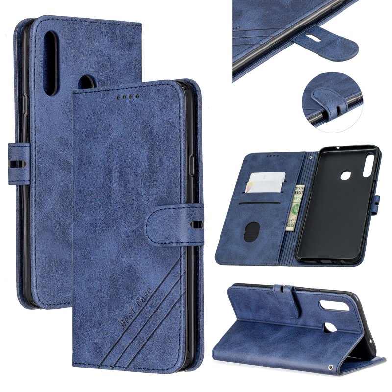 For Samsung A10S A20S Solid Color Denim Texture Front Clasp Bracket Leather Mobile Phone Cover blue