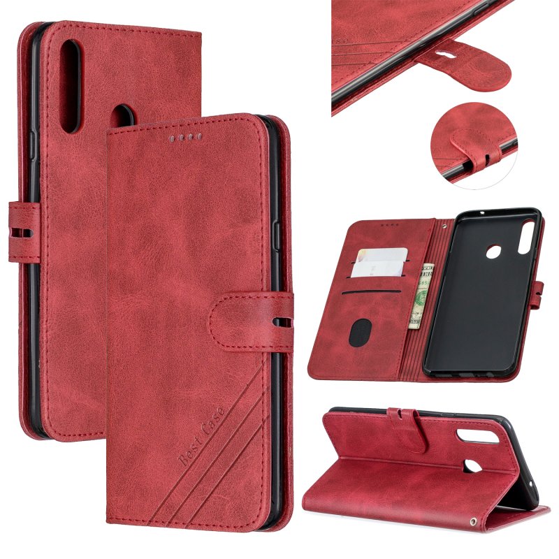 For Samsung A10S A20S Solid Color Denim Texture Front Clasp Bracket Leather Mobile Phone Cover red