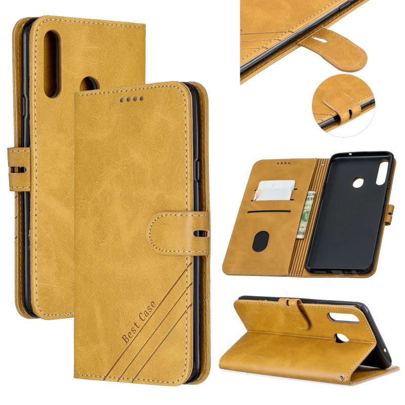 For Samsung A10S A20S Solid Color Denim Texture Front Clasp Bracket Leather Mobile Phone Cover yellow