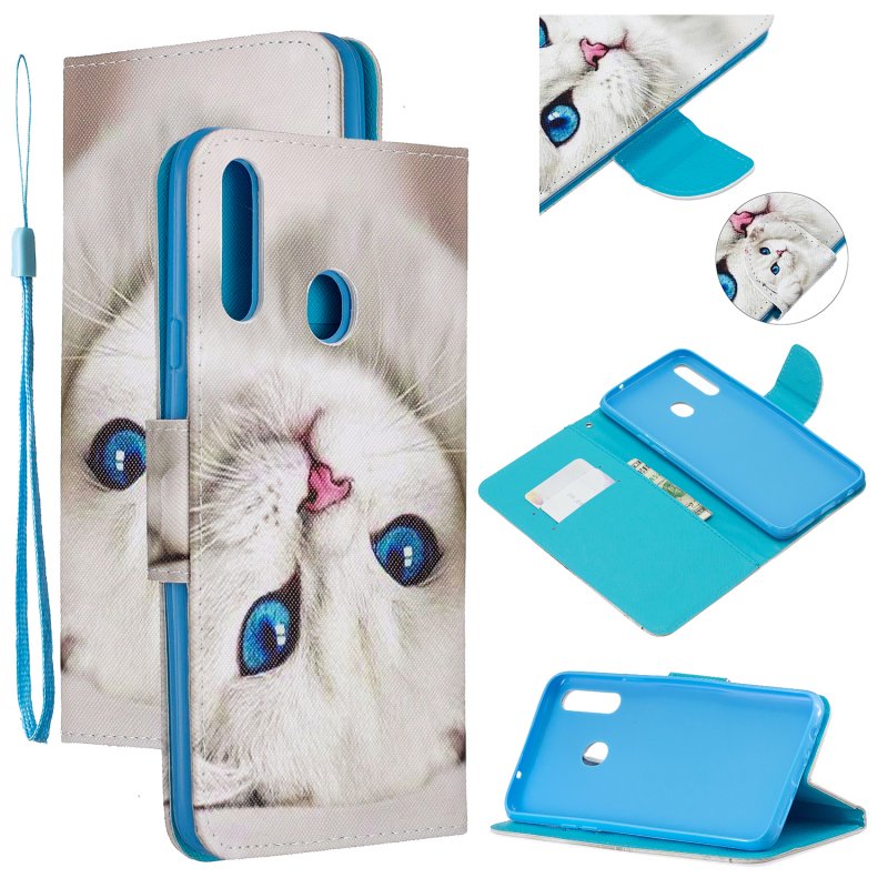 For Samsung A10S/A20S Smartphone Case PU Leather Phone Shell Lovely Cartoon Pattern Card Slots Overall Protection Blue eyes cat