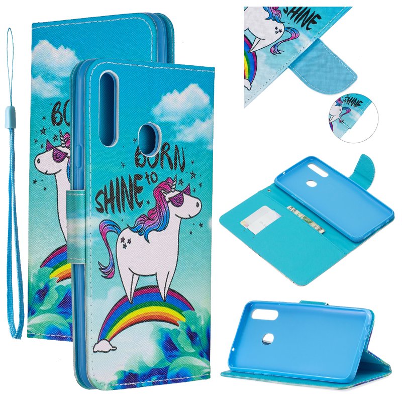 For Samsung A10S/A20S Smartphone Case PU Leather Phone Shell Lovely Cartoon Pattern Card Slots Overall Protection Rainbow horse