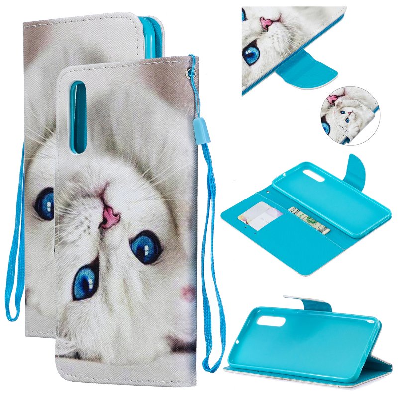 For Samsung A50/A70 Smartphone Case Overall Protective Phone Shell Lovely PU Leather Cellphone Cover with Card Slots  Blue eyes cat