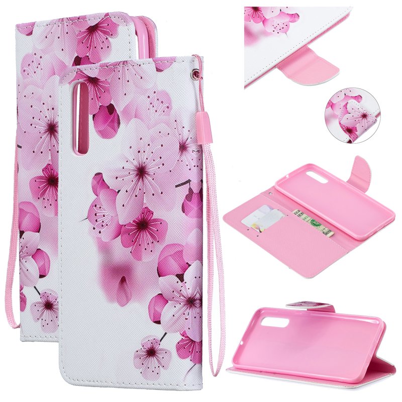 For Samsung A50/A70 Smartphone Case Overall Protective Phone Shell Lovely PU Leather Cellphone Cover with Card Slots  peach blossom