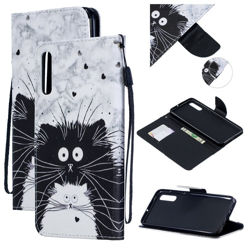 For Samsung A50/A70 Smartphone Case Overall Protective Phone Shell Lovely PU Leather Cellphone Cover with Card Slots  Black white cat