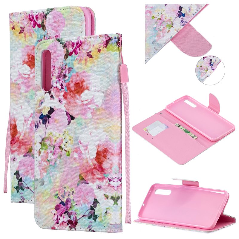 For Samsung A50/A70 Smartphone Case Overall Protective Phone Shell Lovely PU Leather Cellphone Cover with Card Slots  Watercolor flower