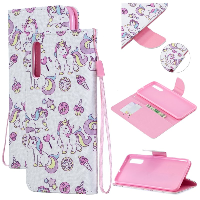 For Samsung A50/A70 Smartphone Case Overall Protective Phone Shell Lovely PU Leather Cellphone Cover with Card Slots  Ice cream unicorn