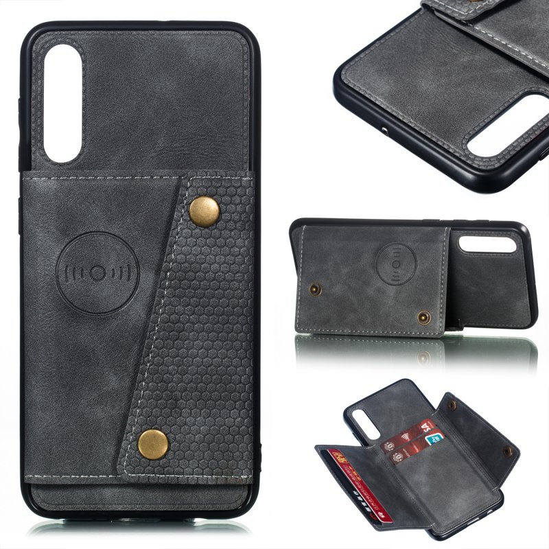 For Samsung A50 Double Buckle Non-slip Shockproof Cell Phone Case with Card Slot Bracket gray