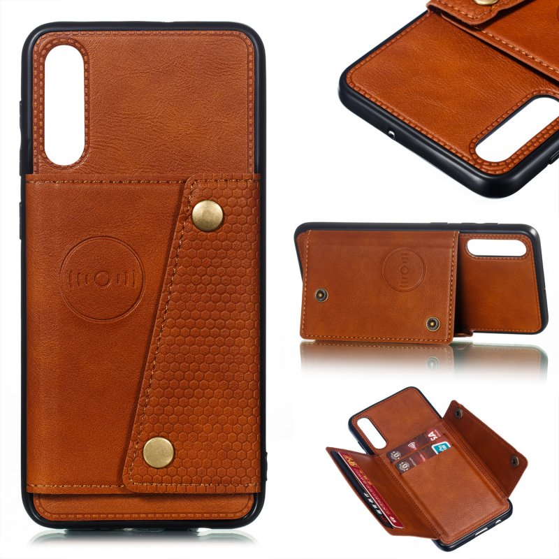 For Samsung A50 Double Buckle Non-slip Shockproof Cell Phone Case with Card Slot Bracket Light Brown
