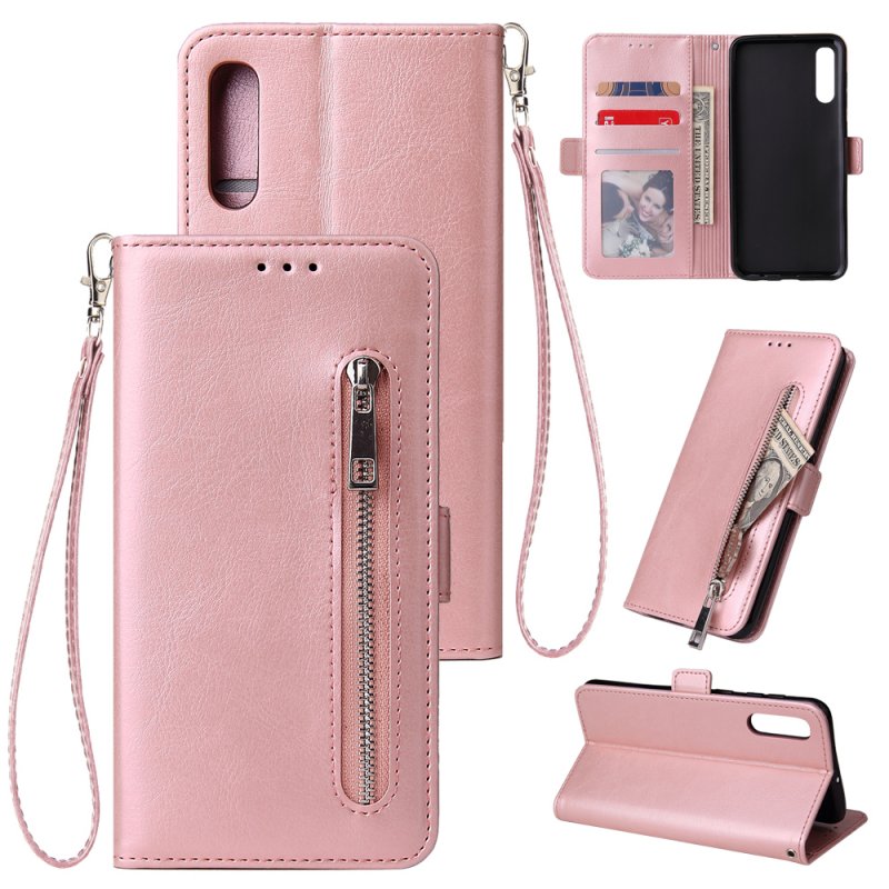 For Samsung A50 Solid Color PU Leather Zipper Wallet Double Buckle Protective Case with Stand & Lanyard Rose gold