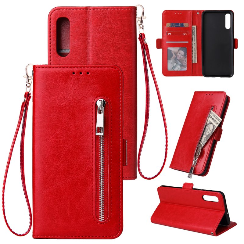 For Samsung A50 Solid Color PU Leather Zipper Wallet Double Buckle Protective Case with Stand & Lanyard red