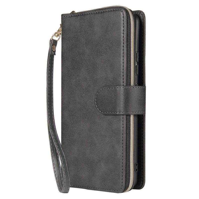 For Samsung A51 5G/A71 5G/Note 10 pro Pu Leather  Mobile Phone Cover Zipper Card Bag + Wrist Strap black