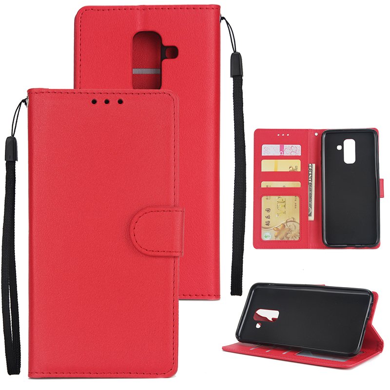 For Samsung A6 PLUS 2018 Flip-type Leather Protective Phone Case with 3 Card Position red