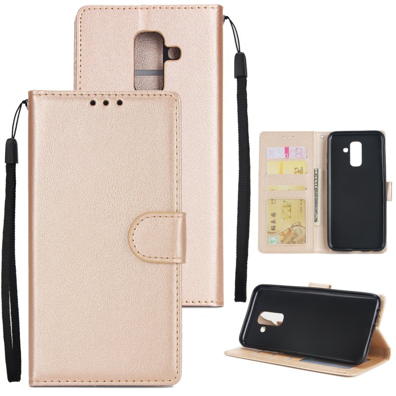 For Samsung A6 PLUS 2018 Flip-type Leather Protective Phone Case with 3 Card Position Golden