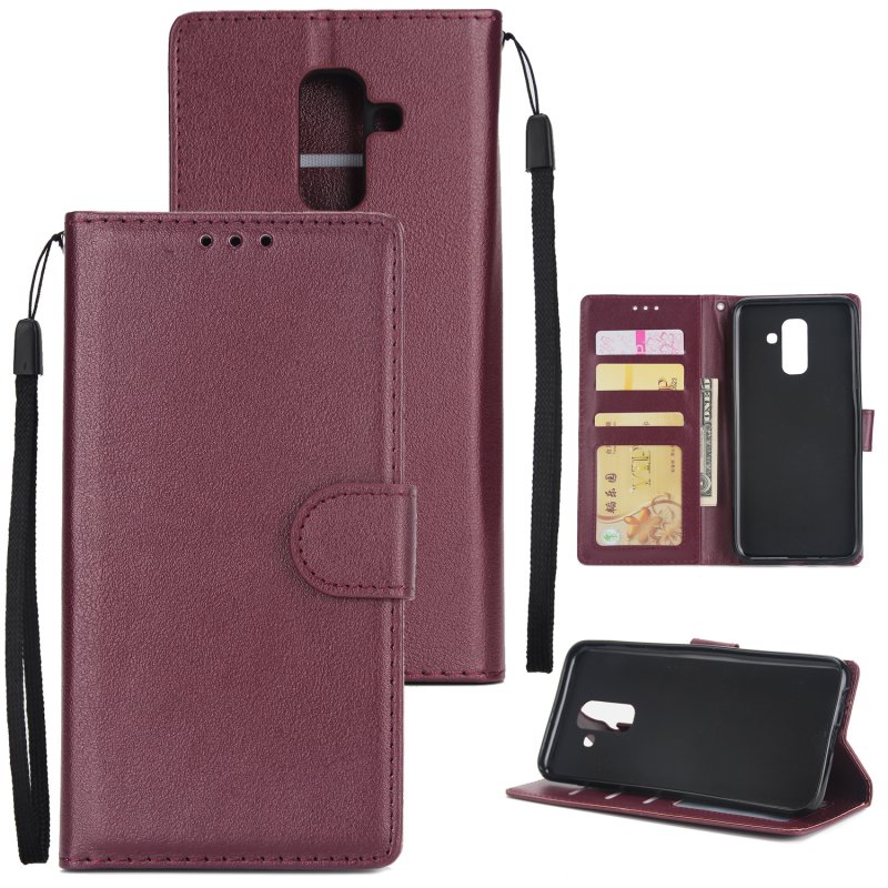 For Samsung A6 PLUS 2018 Flip-type Leather Protective Phone Case with 3 Card Position wine red