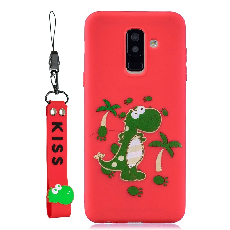 For Samsung A6 plus 2018 Cute Coloured Painted TPU Anti-scratch Non-slip Protective Cover Back Case with Lanyard red