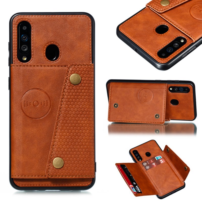 For Samsung A60 Double Buckle Non-slip Shockproof Cell Phone Case with Card Slot Bracket Light Brown