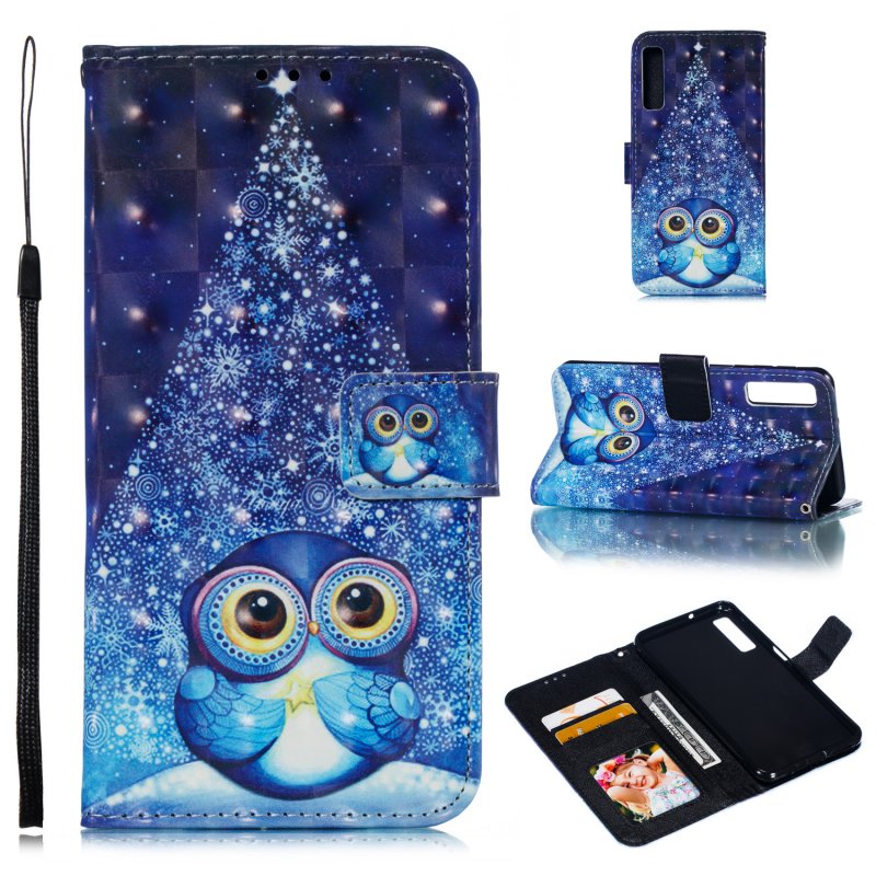 For Samsung A7 2018 3D Coloured Painted Leather Protective Phone Case with Button & Card Position & Lanyard Stage owl