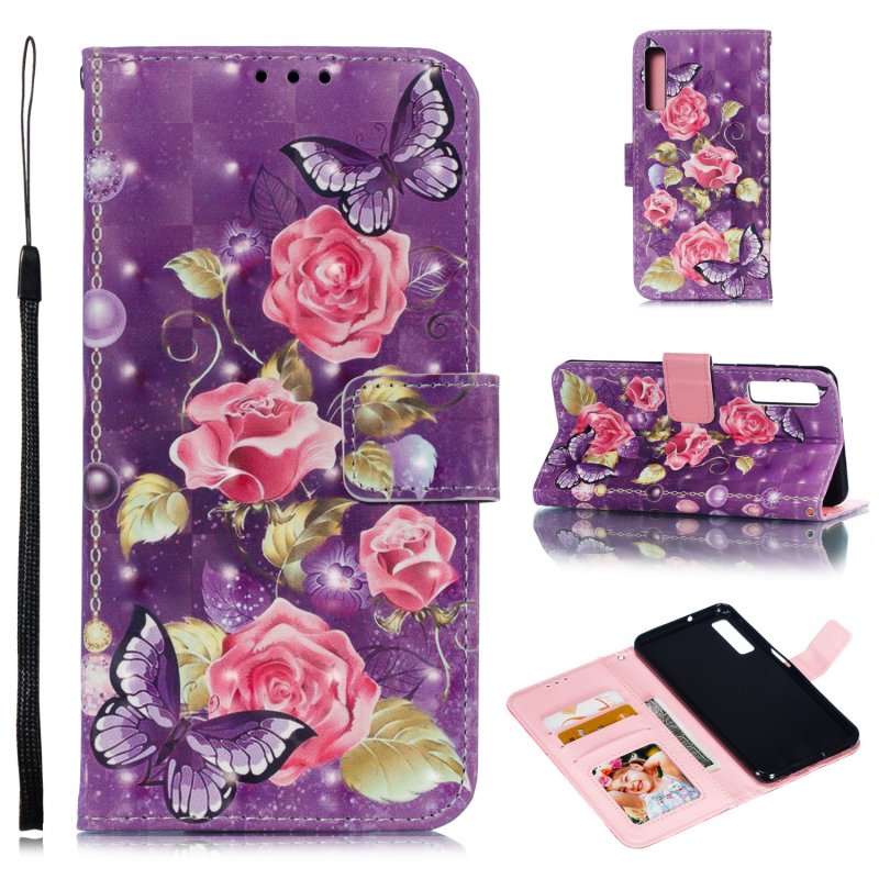 For Samsung A7 2018 3D Coloured Painted Leather Protective Phone Case with Button & Card Position & Lanyard purple flower