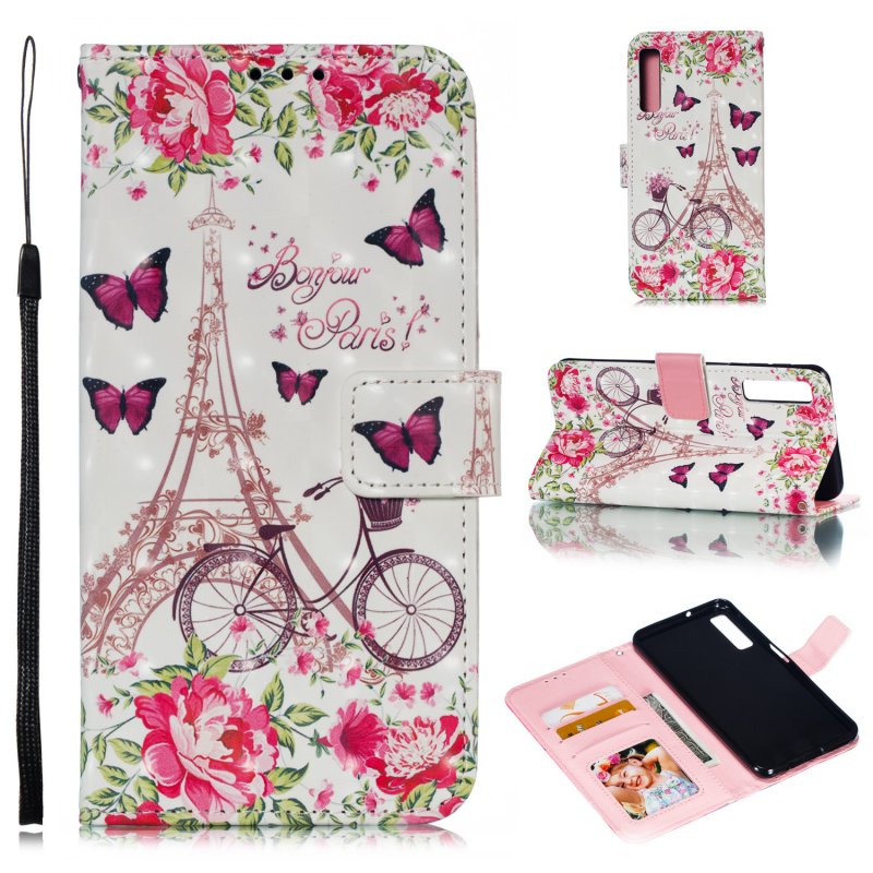 For Samsung A7 2018 3D Coloured Painted Leather Protective Phone Case with Button & Card Position & Lanyard Bicycle tower