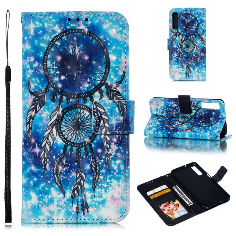 For Samsung A7 2018 3D Coloured Painted Leather Protective Phone Case with Button & Card Position & Lanyard Blue wind chime