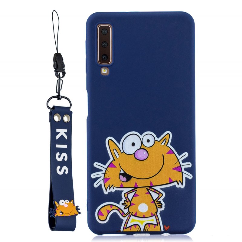 For Samsung A7 2018 Cartoon Lovely Coloured Painted Soft TPU Back Cover Non-slip Shockproof Full Protective Case with Lanyard sapphire