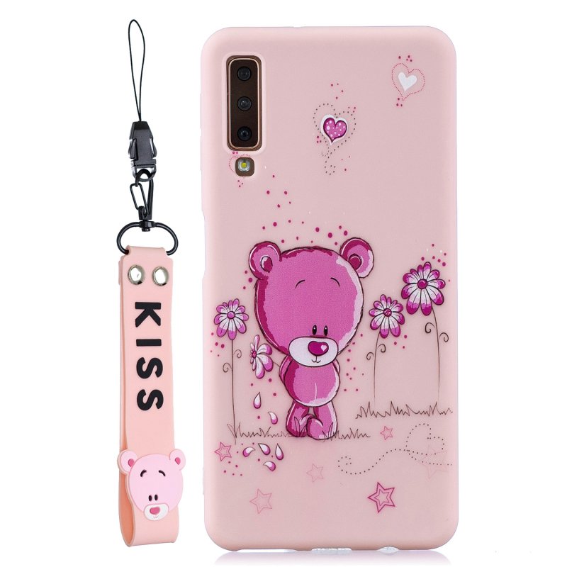 For Samsung A7 2018 Cartoon Lovely Coloured Painted Soft TPU Back Cover Non-slip Shockproof Full Protective Case with Lanyard Light pink