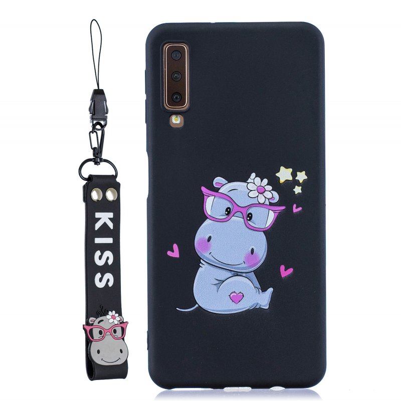 For Samsung A7 2018 Cartoon Lovely Coloured Painted Soft TPU Back Cover Non-slip Shockproof Full Protective Case with Lanyard black