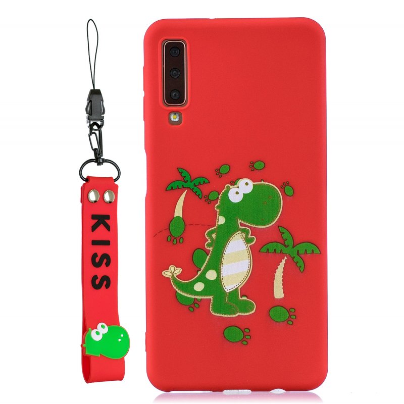 For Samsung A7 2018 Cartoon Lovely Coloured Painted Soft TPU Back Cover Non-slip Shockproof Full Protective Case with Lanyard red