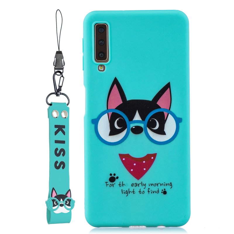 For Samsung A7 2018 Cartoon Lovely Coloured Painted Soft TPU Back Cover Non-slip Shockproof Full Protective Case with Lanyard Light blue