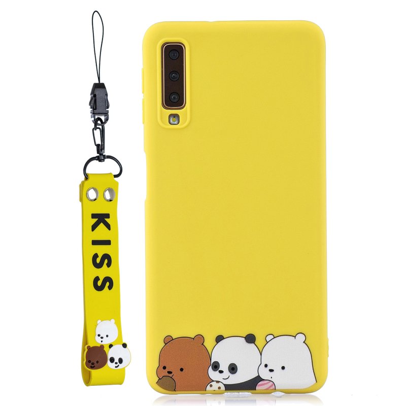 For Samsung A7 2018 Cartoon Lovely Coloured Painted Soft TPU Back Cover Non-slip Shockproof Full Protective Case with Lanyard yellow