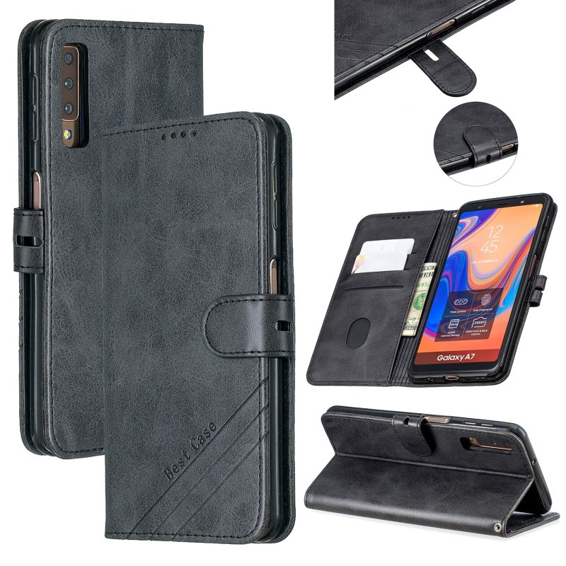 For Samsung A7 2018 Denim Pattern Solid Color Flip Wallet PU Leather Protective Phone Case with Buckle & Bracket black