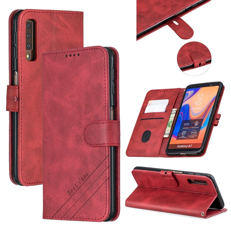 For Samsung A7 2018 Denim Pattern Solid Color Flip Wallet PU Leather Protective Phone Case with Buckle & Bracket red