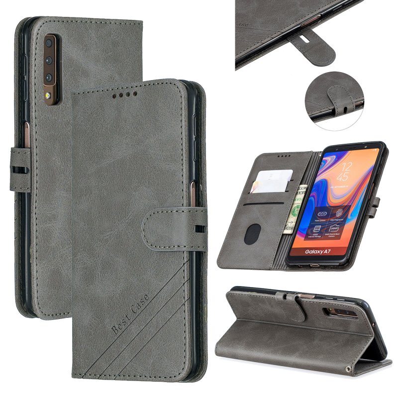 For Samsung A7 2018 Denim Pattern Solid Color Flip Wallet PU Leather Protective Phone Case with Buckle & Bracket gray