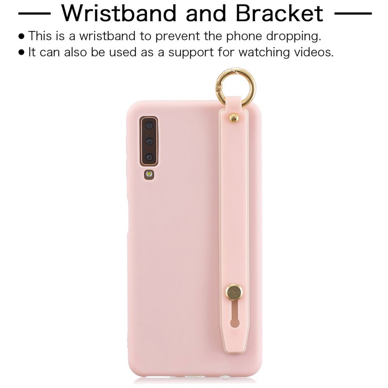 For Samsung A7 2018 Simple Solid Color Chic Wrist Rope Bracket Matte TPU Anti-scratch Non-slip Protective Cover Back Case 6 light pink